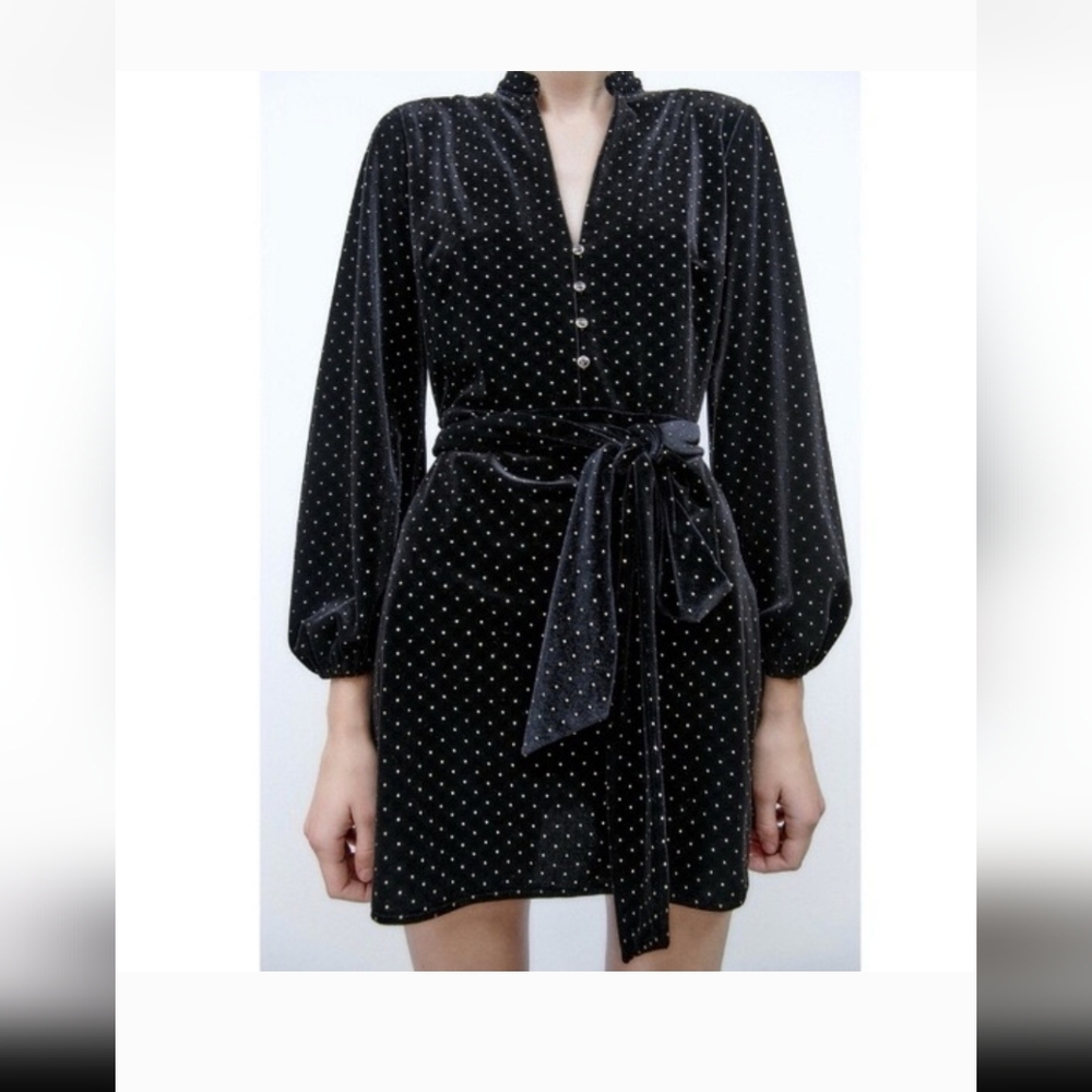 Zara Black Long Sleeve Polka Dot Dress